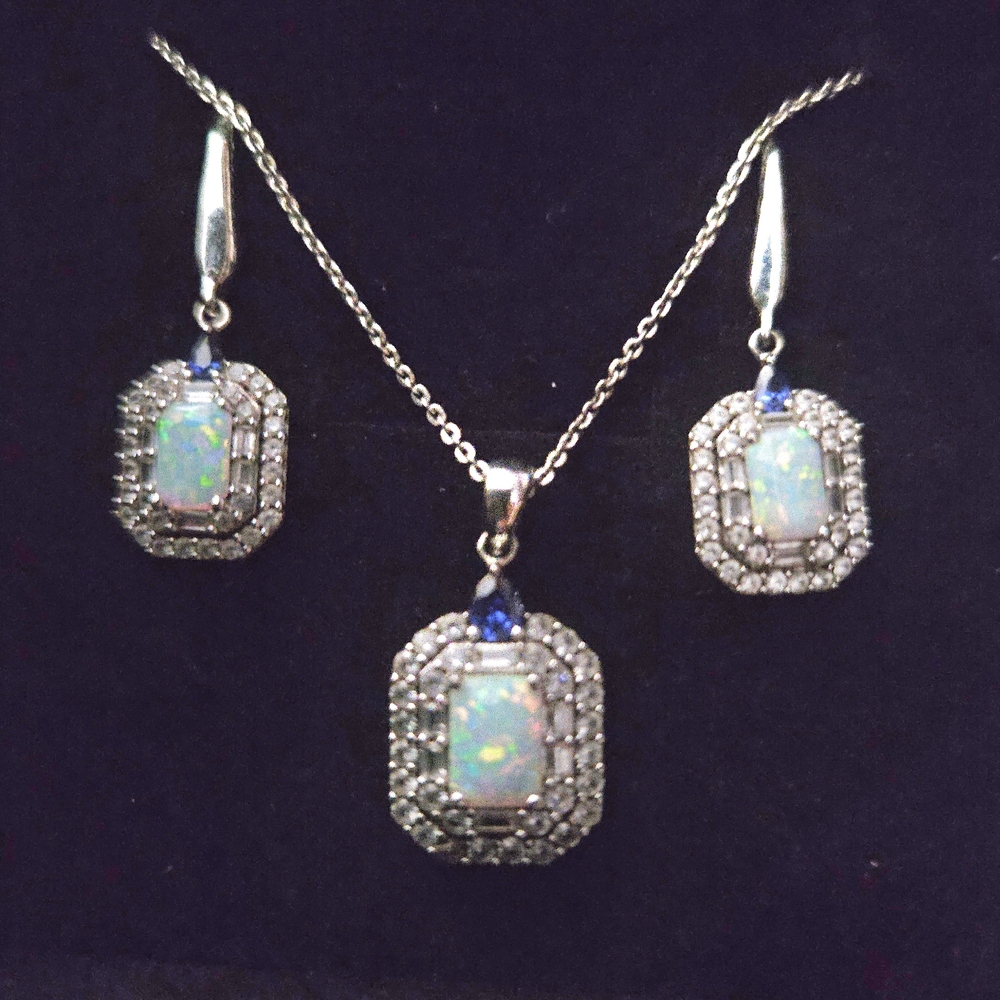 Elegant Opal & Sapphire Earrings & Pendant 925 Silver Jewelry Set